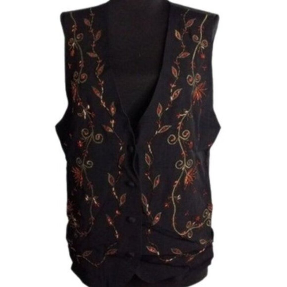 Vintage 90s Carole Little Size M PM Petite Vest Black Beaded Floral Embellished